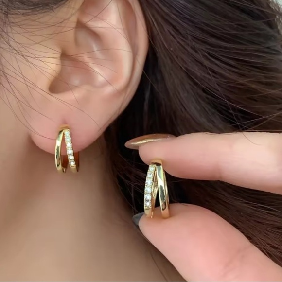 Anthropologie Jewelry - Gold Crystal Double-Band Hoop Earrings.